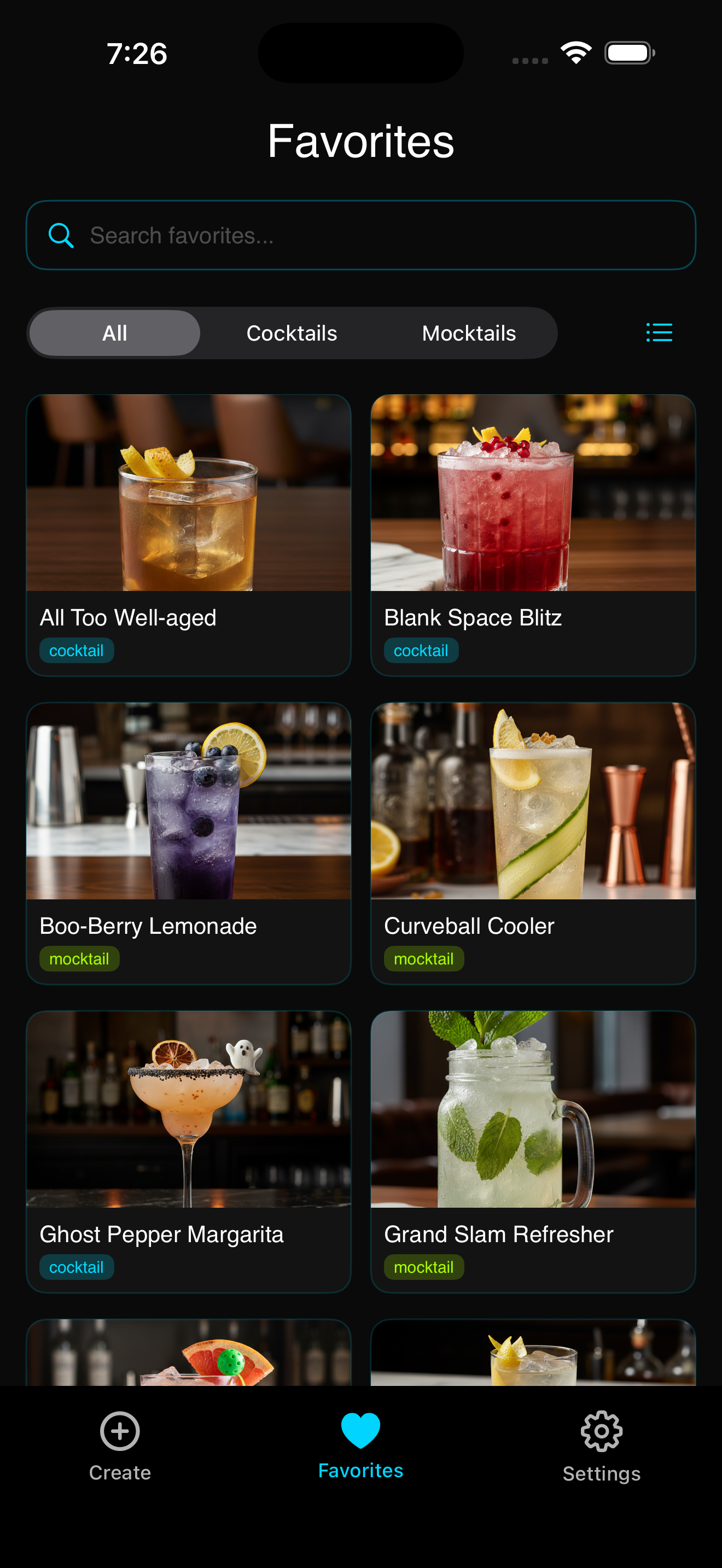 SipEasy Favorites Screen